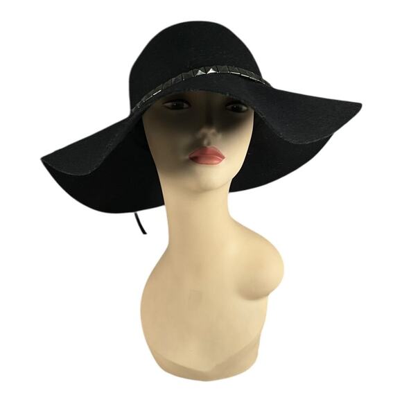 D&Y Black Wool Wide Brim Floppy Hat Studded Band Boho Western Festival, Bohemian main image 4